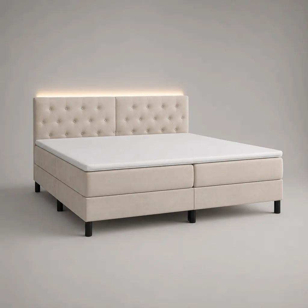 Boxspringbett mit LED-Beleuchtung, 2 Matratzen und Topper, Polyester-Samt, Beige, Liegefläche 180 x 200 cm, Außenmaße ca. 190 x 210 x 115 cm