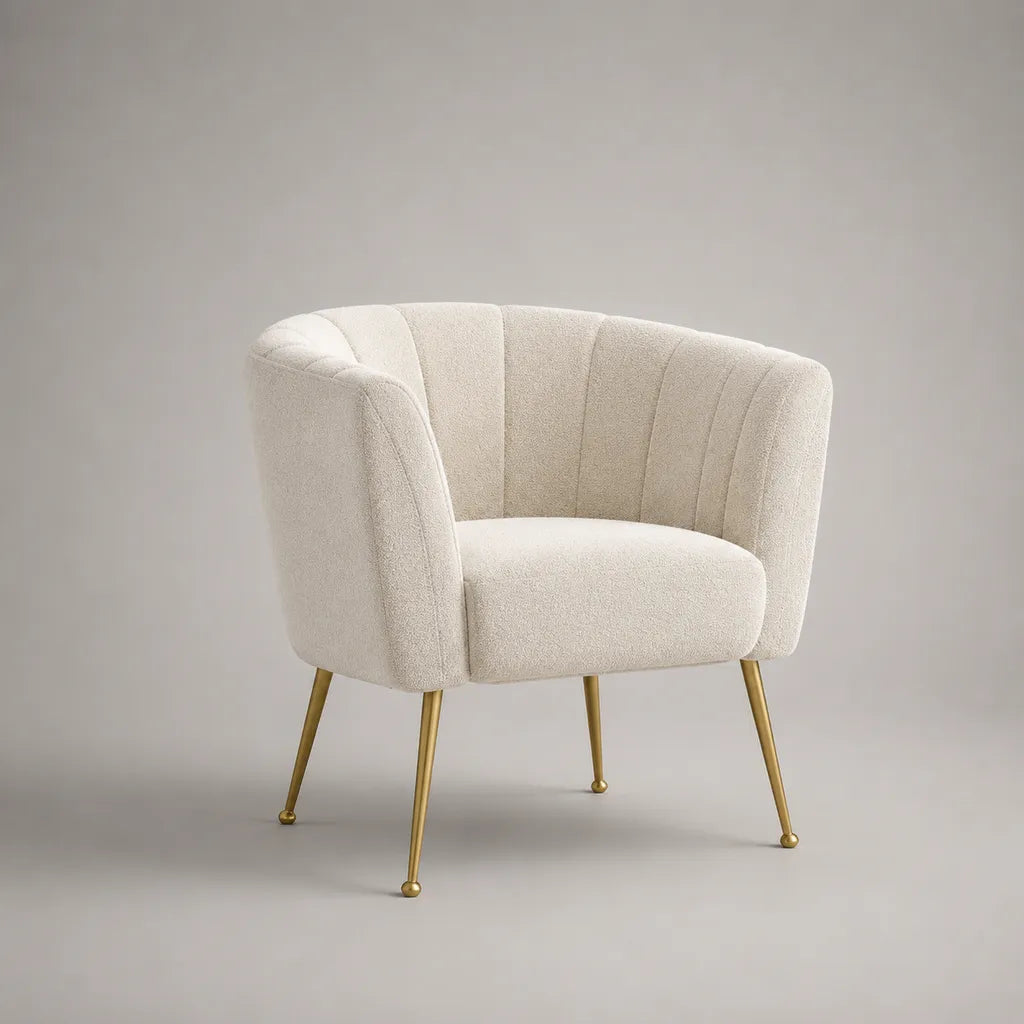 Abgerundeter Cocktailsessel mit Polyester-Bouclébezug und Stahlbeinen, Creme/Gold, 75 × 72 × 78 cm