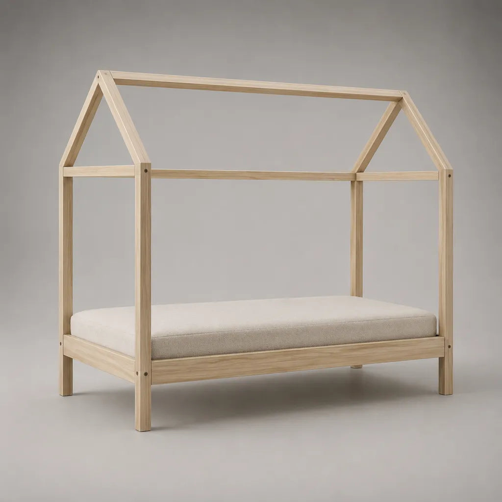 Kinder-Hausbett 90 × 200 cm aus Kiefer-Massivholz in Hausform, Natur