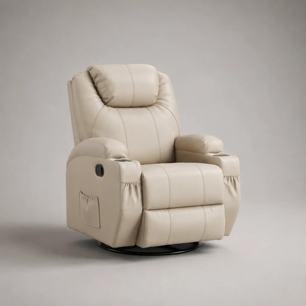 Relaxsessel aus PU-Kunstleder mit manueller Liegefunktion und 360°-Drehfunktion, Beige, 100 × 96 × 106 cm