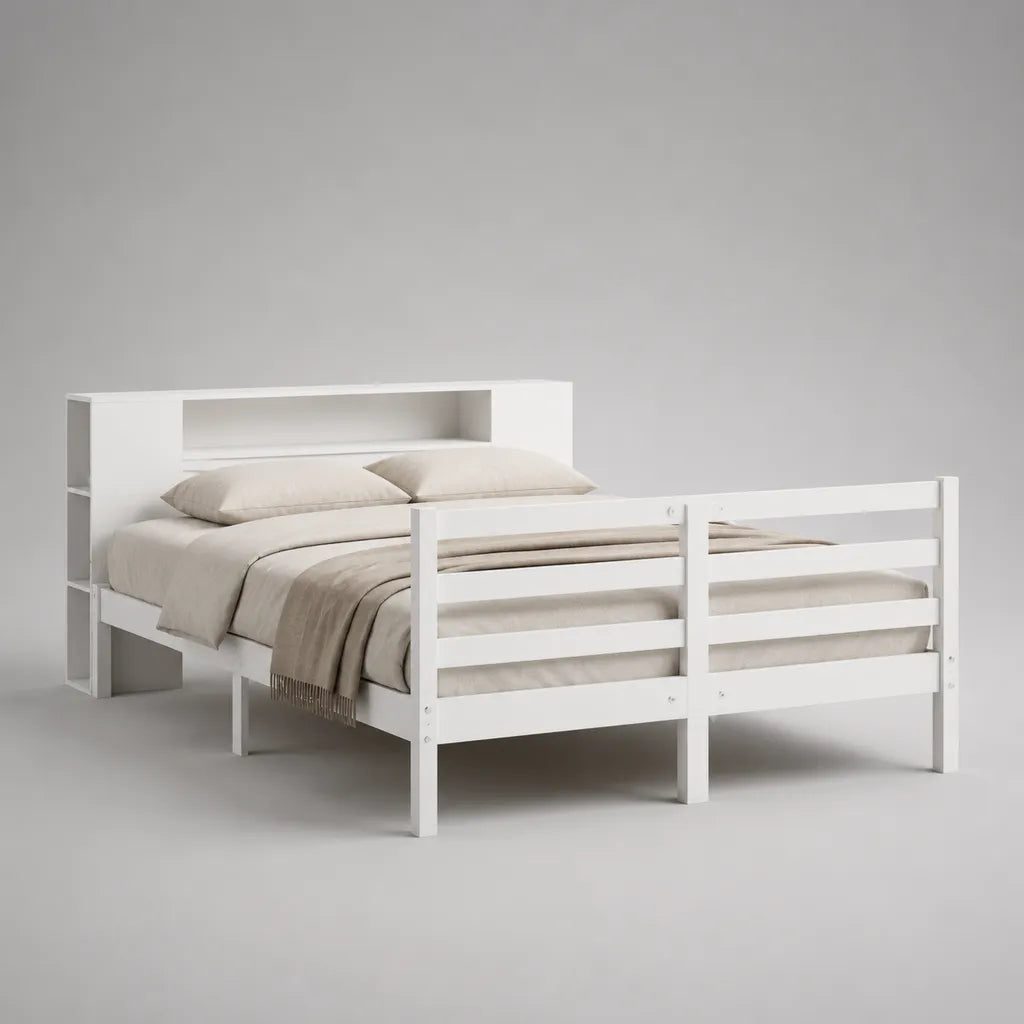 Bettgestell 140 × 200 cm mit Rausfallschutz und Regal-Kopfteil, Kiefer massiv und MDF, ca. 219 × 151 × 110 cm, Weiß