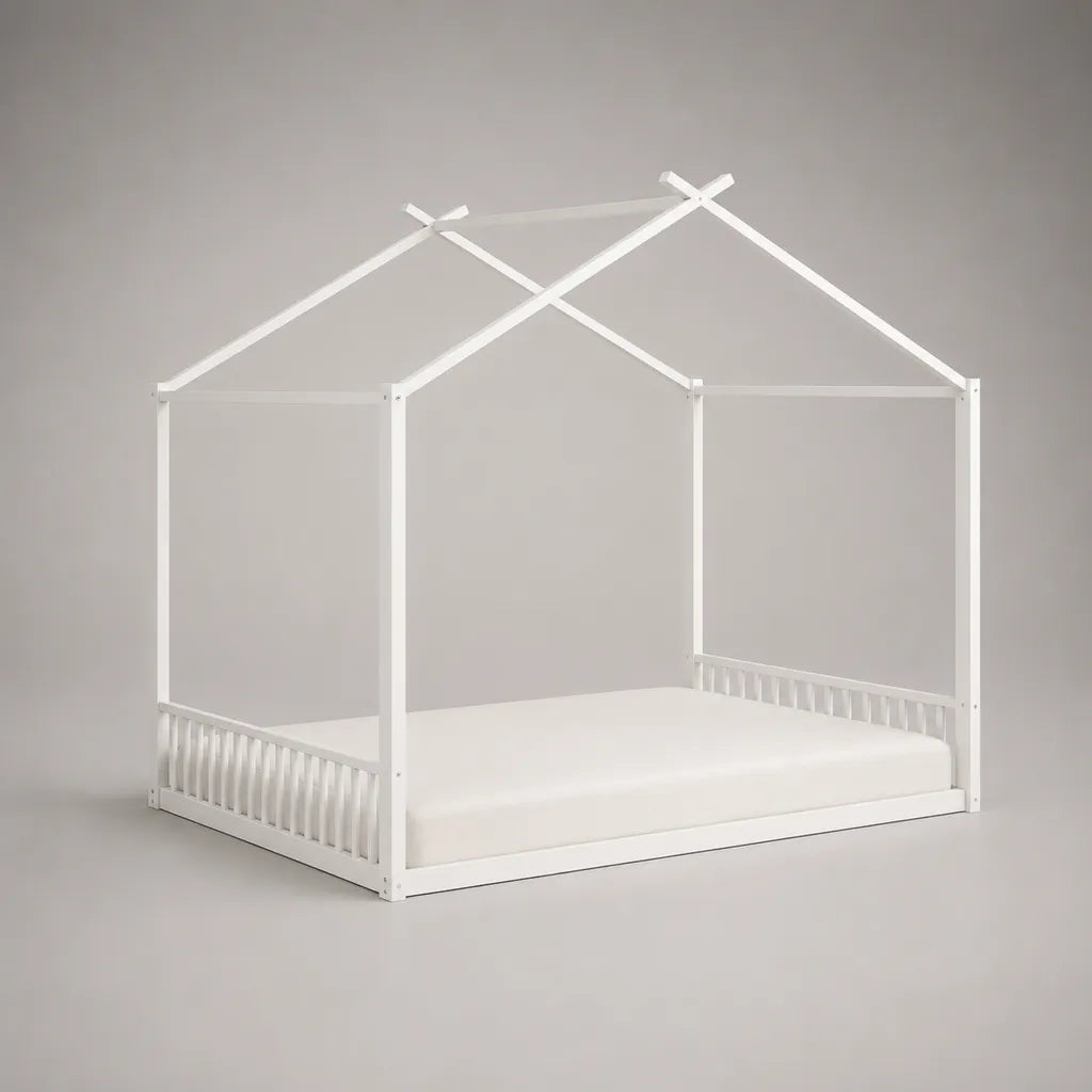 Kinder-Hausbett Bodenbett 90 × 200 cm aus massivem Kiefernholz mit Rausfallschutz, Weiß