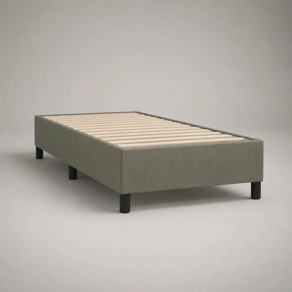 Polsterbett Einzelbett mit Lattenrost und Stoffbezug, Olivgrün, Liegefläche 90 × 200 cm, Gesamtmaß 98 × 208 × 35 cm