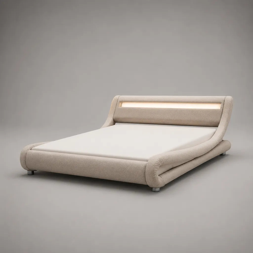 Polsterbett Doppelbett mit LED-Beleuchtung, Liegefläche 180 × 200 cm, Außenmaß 225 × 210 × 100 cm, Stoffbezug, Creme