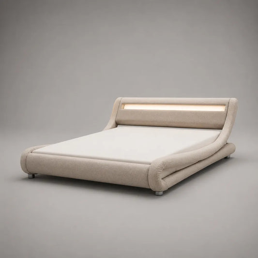Polsterbett Doppelbett mit LED-Beleuchtung, Liegefläche 180 × 200 cm, Außenmaß 225 × 210 × 100 cm, Stoffbezug, Creme