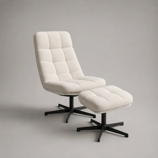Drehsessel mit Fußhocker, 2-teilig, Bouclé-Polyester und Metallgestell, Cremeweiß und Schwarz, Sessel 74 × 82 × 100 cm, Hocker 58 × 43 × 40 cm