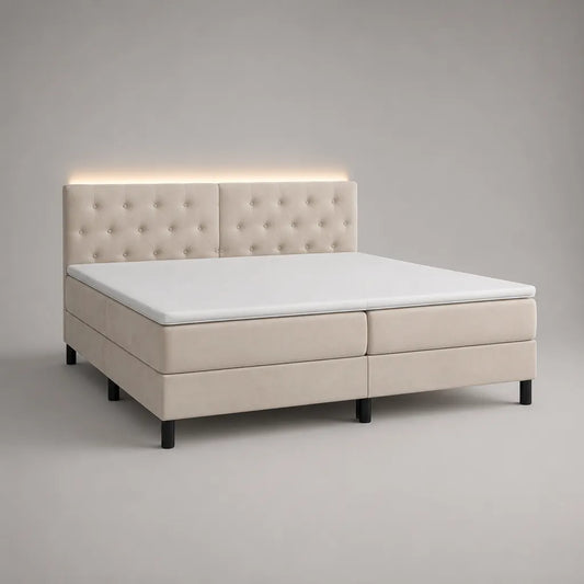 Boxspringbett mit LED-Beleuchtung, 2 Matratzen und Topper, Polyester-Samt, Beige, Liegefläche 180 x 200 cm, Außenmaße ca. 190 x 210 x 115 cm
