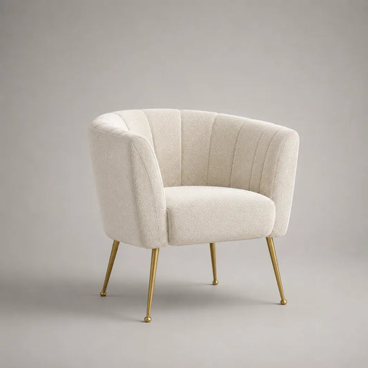Abgerundeter Cocktailsessel mit Polyester-Bouclébezug und Stahlbeinen, Creme/Gold, 75 × 72 × 78 cm