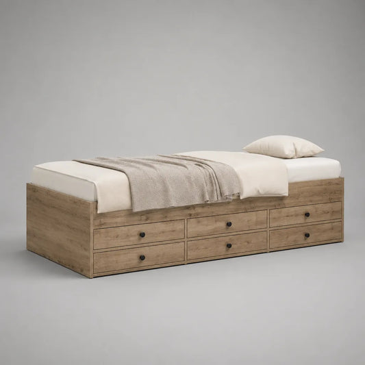 Stauraumbett Einzelbett aus Holzwerkstoff mit 6 Schubladen, Eiche natur, Liegefläche 90 x 200 cm, Gesamtmaß 204 x 96 x 55 cm
