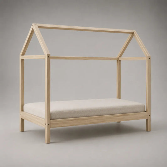 Kinder-Hausbett 90 × 200 cm aus Kiefer-Massivholz in Hausform, Natur