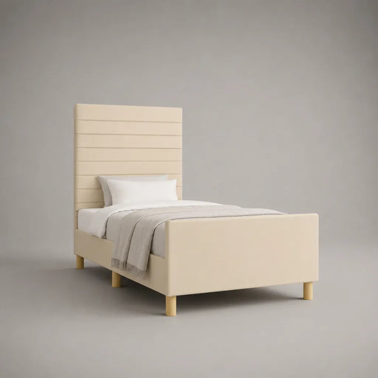 Beiges Polsterbett 90 × 200 cm, Gesamtmaß 214 × 101 × 150 cm, Einzelbett mit hohem Kopfteil und Polyesterbezug