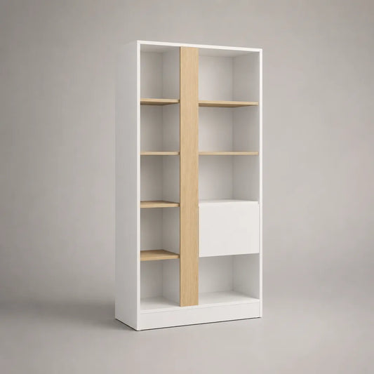 Bücherregal aus Spanplatte mit 9 offenen Fächern und 1 Schrankfach, Weiß/Eiche natur, 80 × 30 × 180 cm