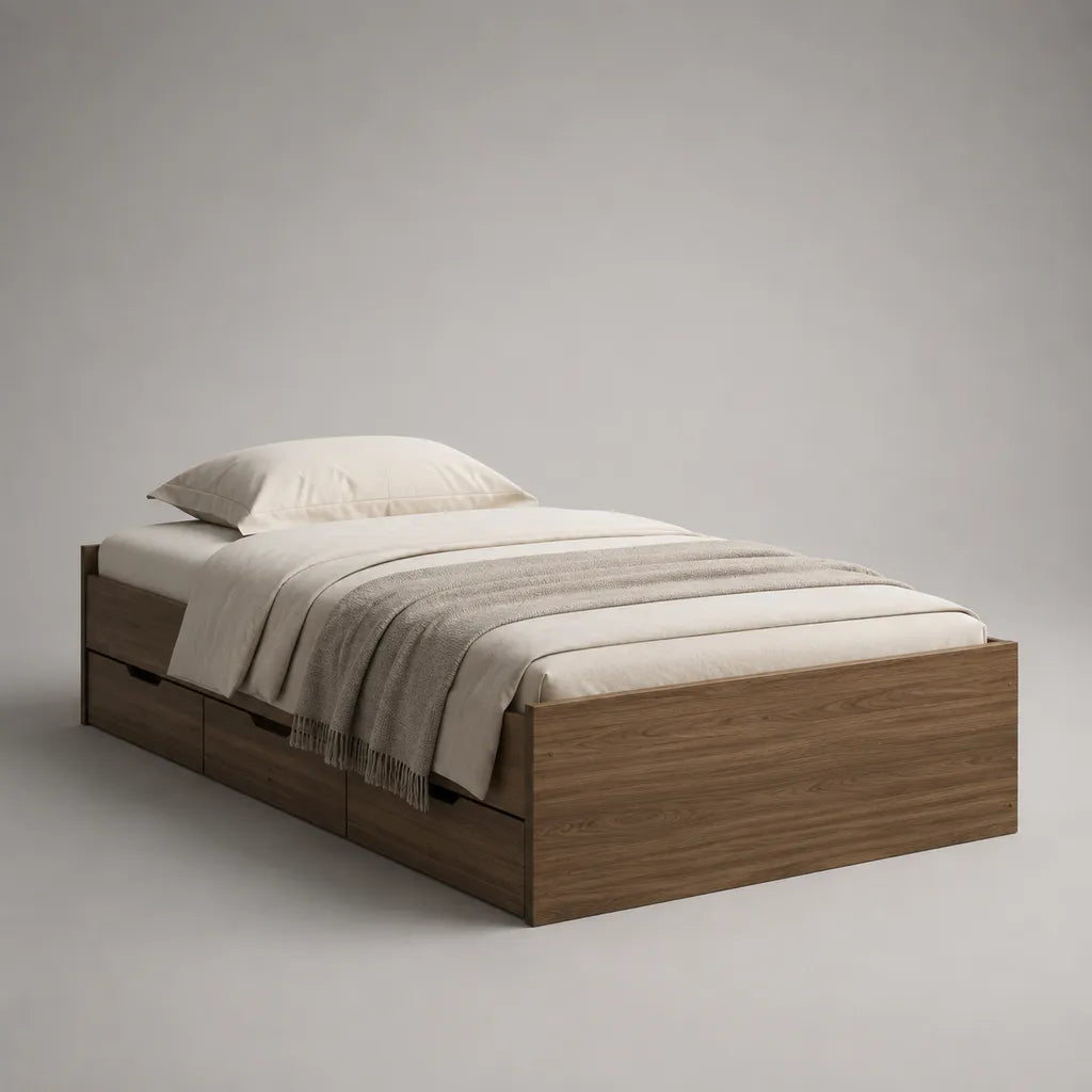 Stauraumbett Einzelbett aus Spanplatte mit 3 Schubladen, Eichefarben/Braun, Liegefläche 90 × 200 cm, Gesamtmaß 205 × 96 × 70 cm