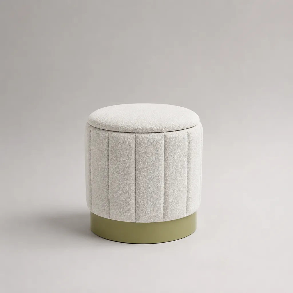 Fußhocker mit Stauraum, runder Sitzhocker mit Bouclé-Polyesterbezug, Cremeweiß/Olivgrün, Ø 42 × H 45 cm