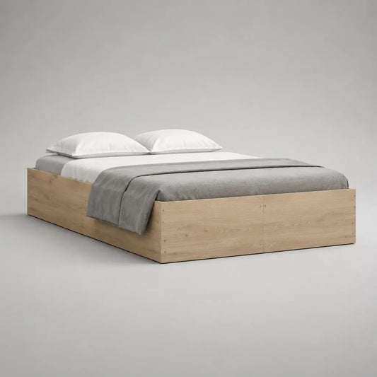 Stauraumbett Doppelbett 180 x 200 cm aus melaminbeschichteter Spanplatte in Eiche Natur, ohne Kopfteil
