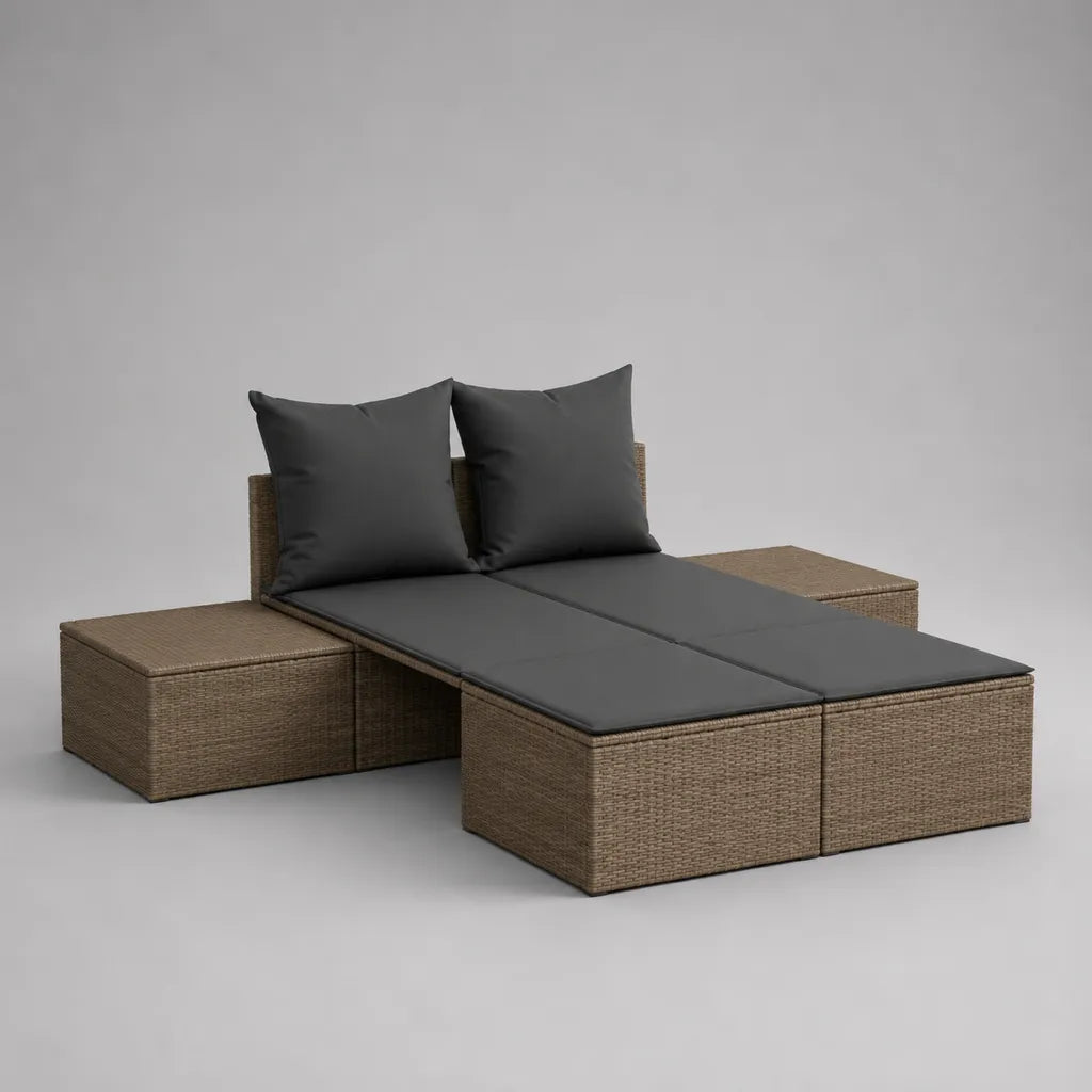 Doppel-Sonnenliege, 4-teiliges Gartenliegen-Set aus PE-Rattan mit Polyesterauflagen, Braun/Anthrazit, 200 × 240 × 72 cm