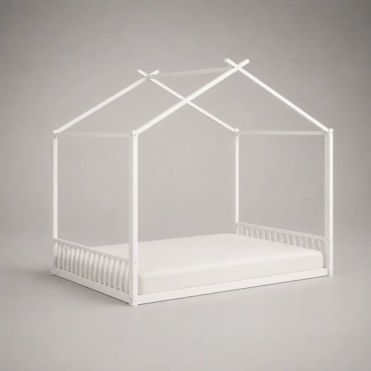 Kinder-Hausbett Bodenbett 90 × 200 cm aus massivem Kiefernholz mit Rausfallschutz, Weiß