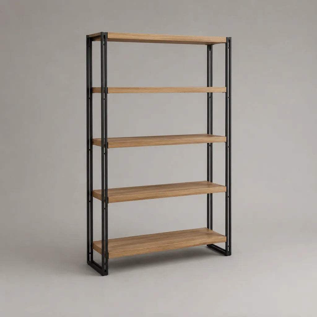Bücherregal, Standregal mit 5 Holzablagen und Stahlgestell, Naturfarben/Schwarz, 120 × 35 × 180 cm