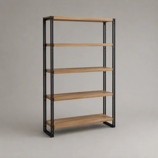 Bücherregal, Standregal mit 5 Holzablagen und Stahlgestell, Naturfarben/Schwarz, 120 × 35 × 180 cm