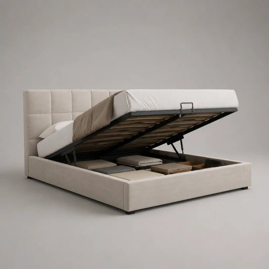 Polsterbett Doppelbett mit Bettkasten, Gasdruck-Lattenrost, Stoffbezug und Stahlrahmen, Beige, 215 × 192 × 110 cm, Liegefläche 180 × 200 cm