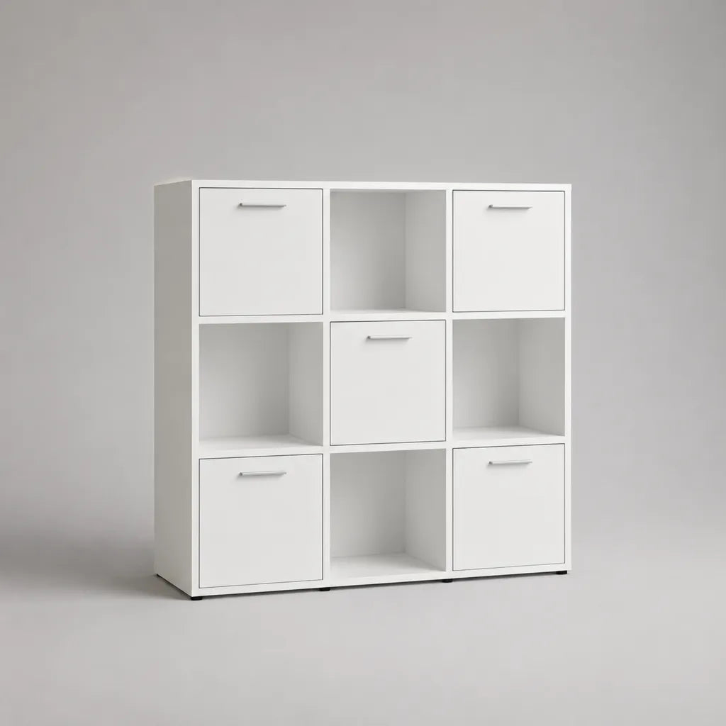 Quadratisches Bücherregal aus Holz mit 9 Fächern und 5 Türen, Weiß, 108 × 30 × 108 cm