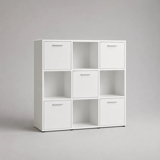 Quadratisches Bücherregal aus Holz mit 9 Fächern und 5 Türen, Weiß, 108 × 30 × 108 cm