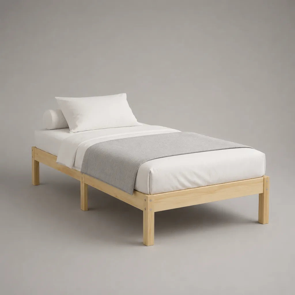 Einzelbett-Bettgestell aus massivem Kiefernholz, Naturholz, 96 × 206 × 45 cm, Liegefläche 90 × 200 cm